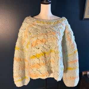 Anthropologie Off-the-Shoulder Chunky Knit Sweater - mint green, yellow, orange